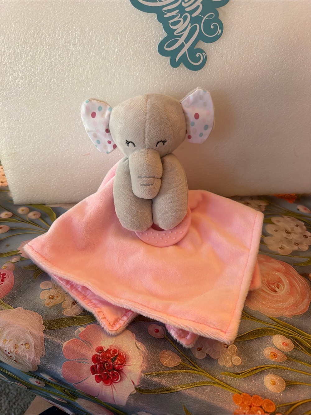 Forever Baby Pink Elephant Lovey Security Blanket Satin Back Teether Crinkle Ear